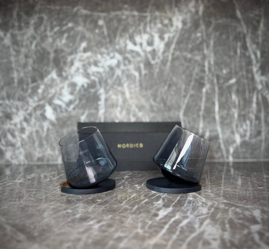 Nordico Equilibrio Smoke Black Wine Glasses | Gift set of 2 with coasters
